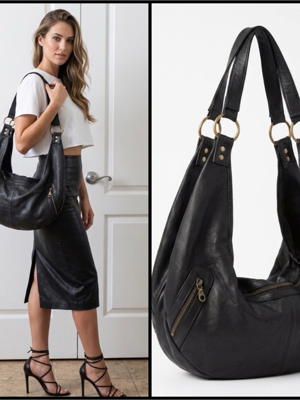 Iboga Skin Leather Turtle 2 In 1 Black Hobo Shoulder Backpack Festival Bag 15.7”